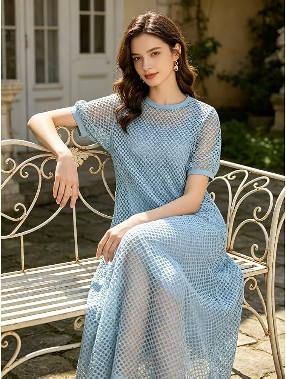 White Hollow Out Open Knit Short Sleeve Round Neck Maxi Cover Up Dress