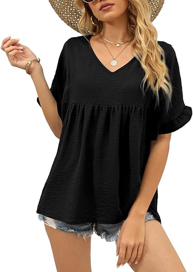 Crinkled Babydoll Blouse, V-Neck Ruffle Short Sleeve Casual Top