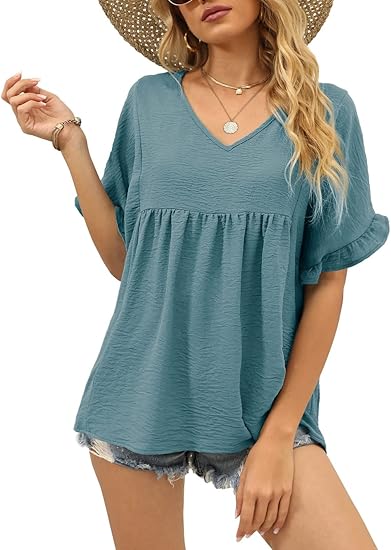 Crinkled Babydoll Blouse, V-Neck Ruffle Short Sleeve Casual Top