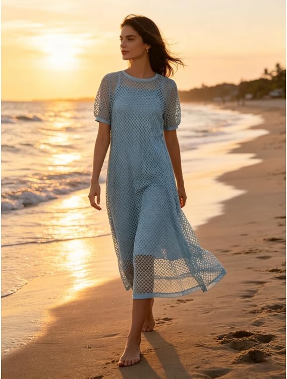 White Hollow Out Open Knit Short Sleeve Round Neck Maxi Cover Up Dress