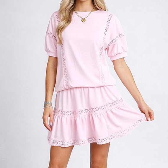 Pink Lace Trim 2-Piece Top &amp;amp; Skirt Set