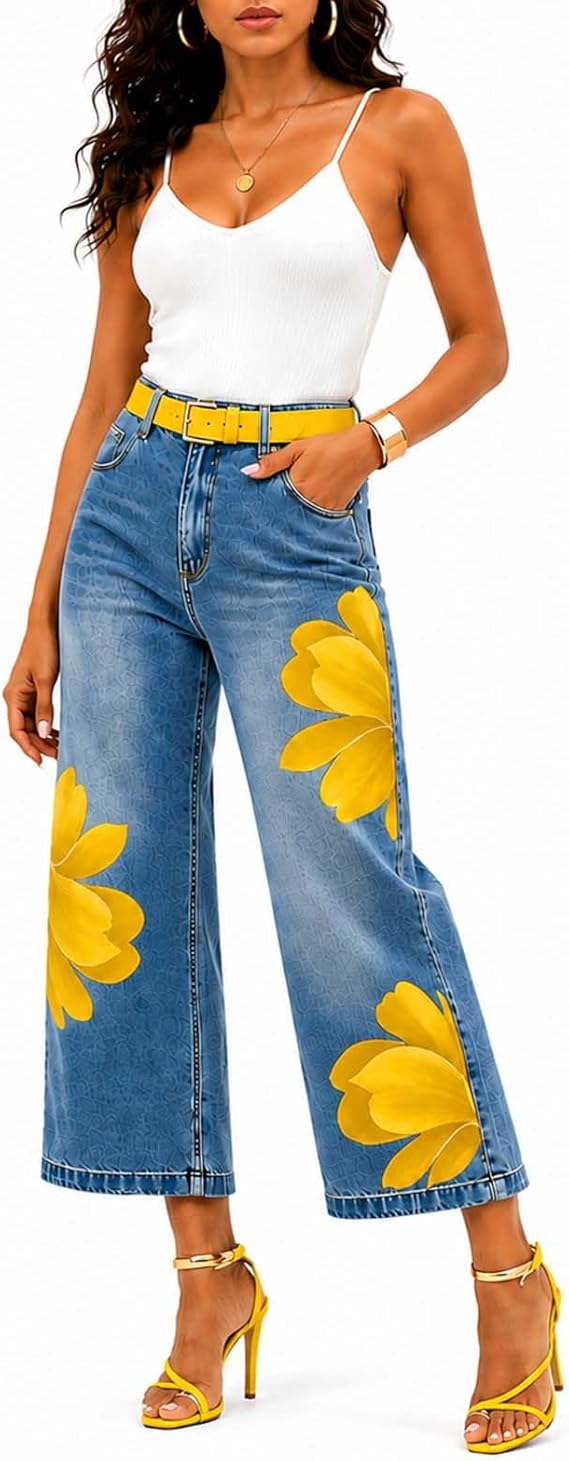 Medium Wash Cropped Wide Leg Jeans with Large Blue Floral Print