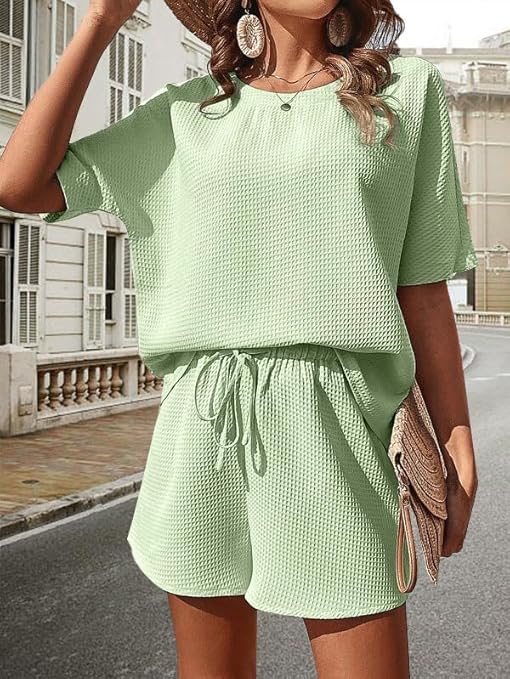 Light Green Waffle-Knit 2-Piece Loungewear Set