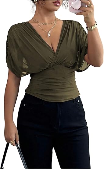 Olive Green Ruched Mesh Dolman Sleeve V-Neck Top