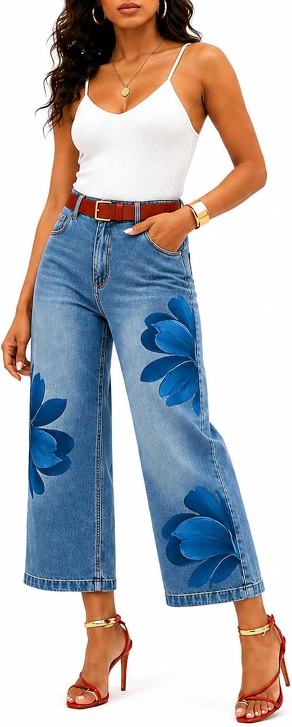 Medium Wash Cropped Wide Leg Jeans with Large Blue Floral Print