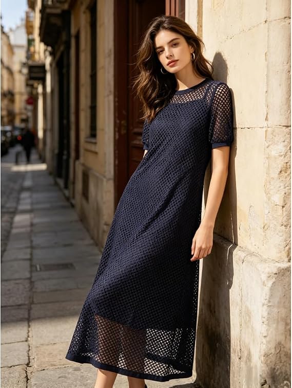 White Hollow Out Open Knit Short Sleeve Round Neck Maxi Cover Up Dress