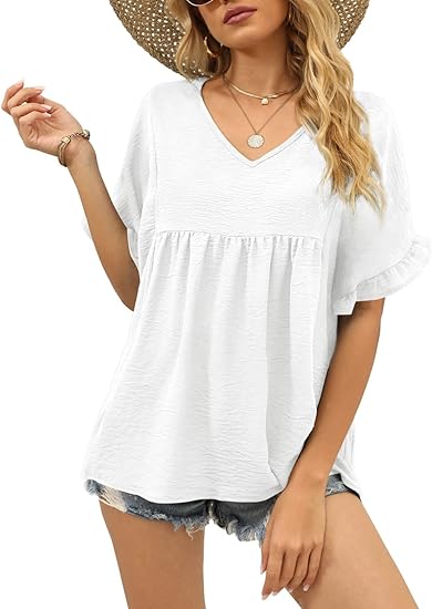 Crinkled Babydoll Blouse, V-Neck Ruffle Short Sleeve Casual Top
