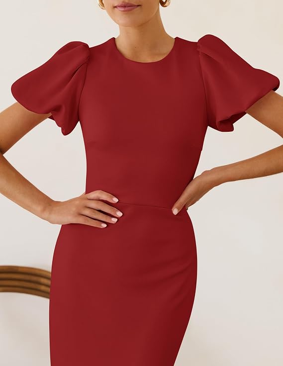 Beige Puff Sleeve Bodycon Midi Dress