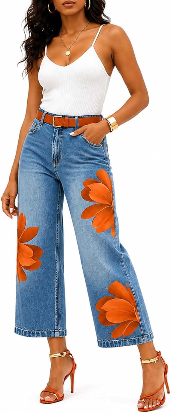 Medium Wash Cropped Wide Leg Jeans with Large Blue Floral Print