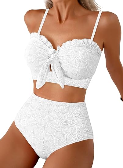 Textured Floral High-Waisted Bikini Set with Bow Front