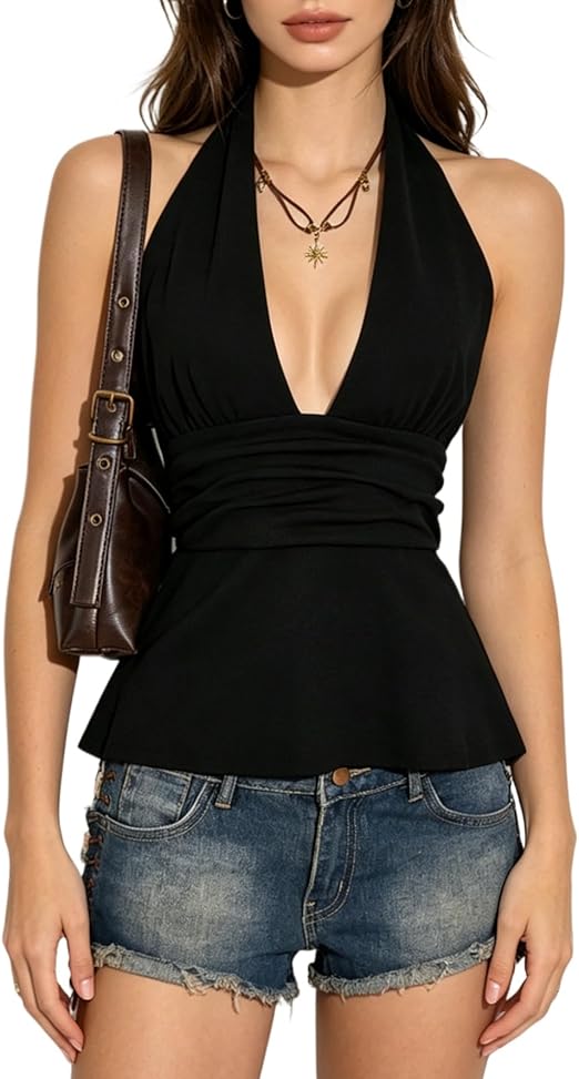 Black Halter Neck Peplum Top, Deep V-Neck Ruched Waist Sleeveless Blouse