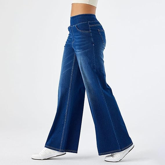 High-Waisted Stretch Pull-On Wide Leg Jeans | Ultra Comfort Soft Denim Pants
