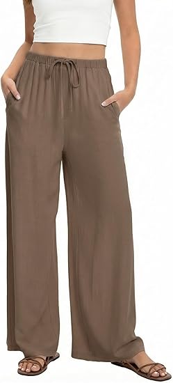 Beige Elastic Waist Linen-Blend Wide Leg Pants with Drawstring &amp; Pockets
