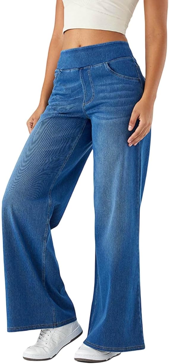 High-Waisted Stretch Pull-On Wide Leg Jeans | Ultra Comfort Soft Denim Pants
