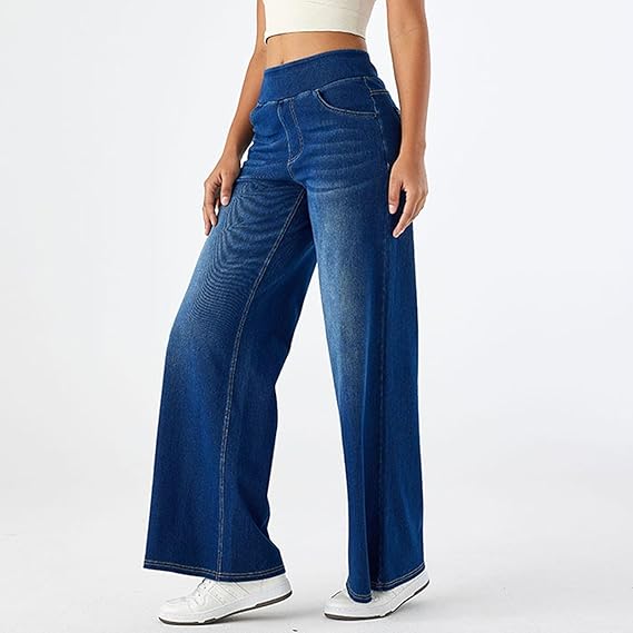 High-Waisted Stretch Pull-On Wide Leg Jeans | Ultra Comfort Soft Denim Pants