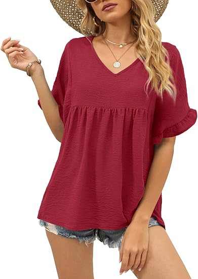 Crinkled Babydoll Blouse, V-Neck Ruffle Short Sleeve Casual Top
