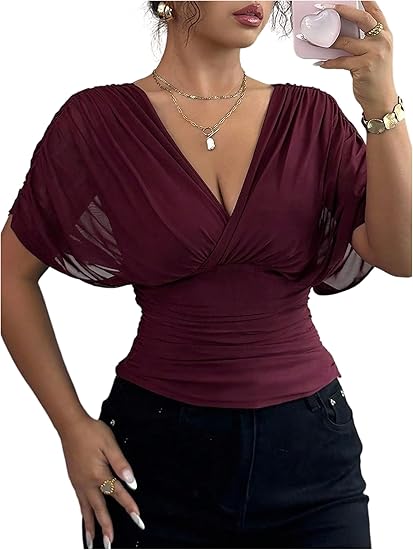 Olive Green Ruched Mesh Dolman Sleeve V-Neck Top