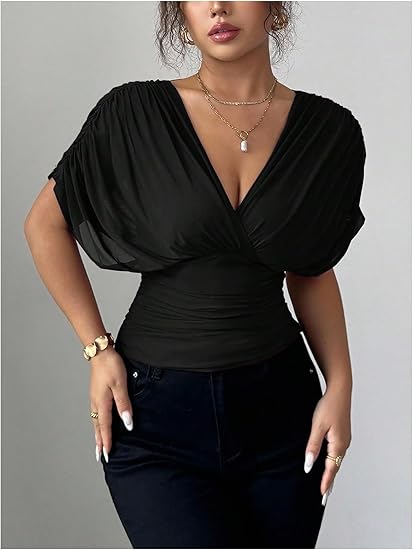 Olive Green Ruched Mesh Dolman Sleeve V-Neck Top