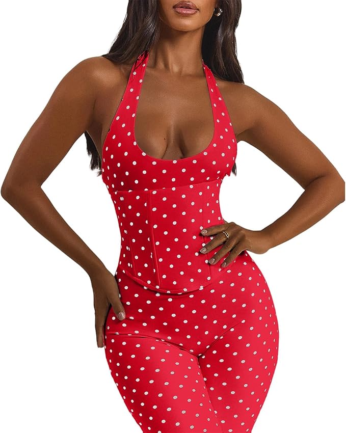 Polka Dot Halter Neck Backless Bodycon Jumpsuit
