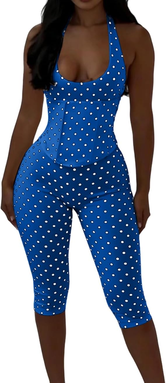 Polka Dot Halter Neck Backless Bodycon Jumpsuit