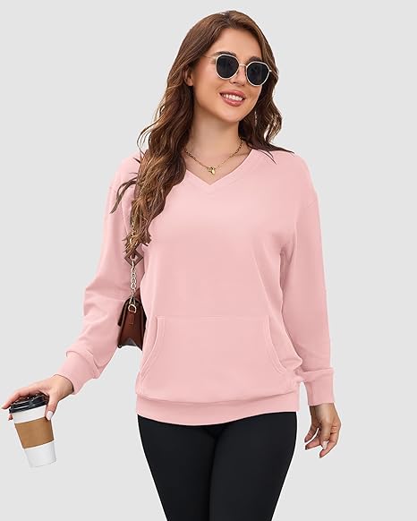 Womens Long Sleeve Sweatshirt Casual V Neck Hoodless Pullover Tops with Pockets