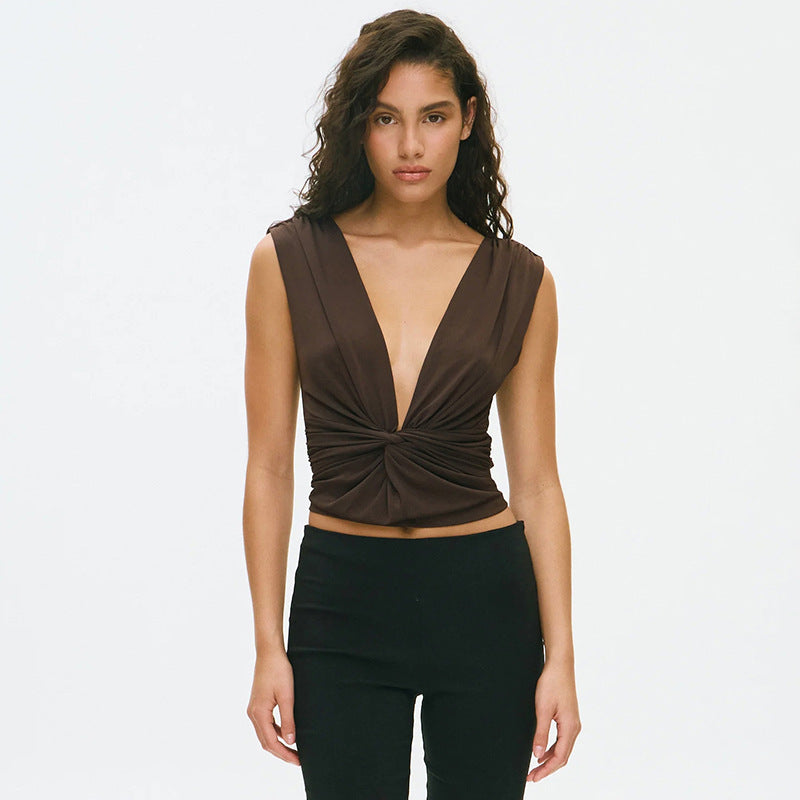 Deep V Twist Front Sleeveless Crop Top