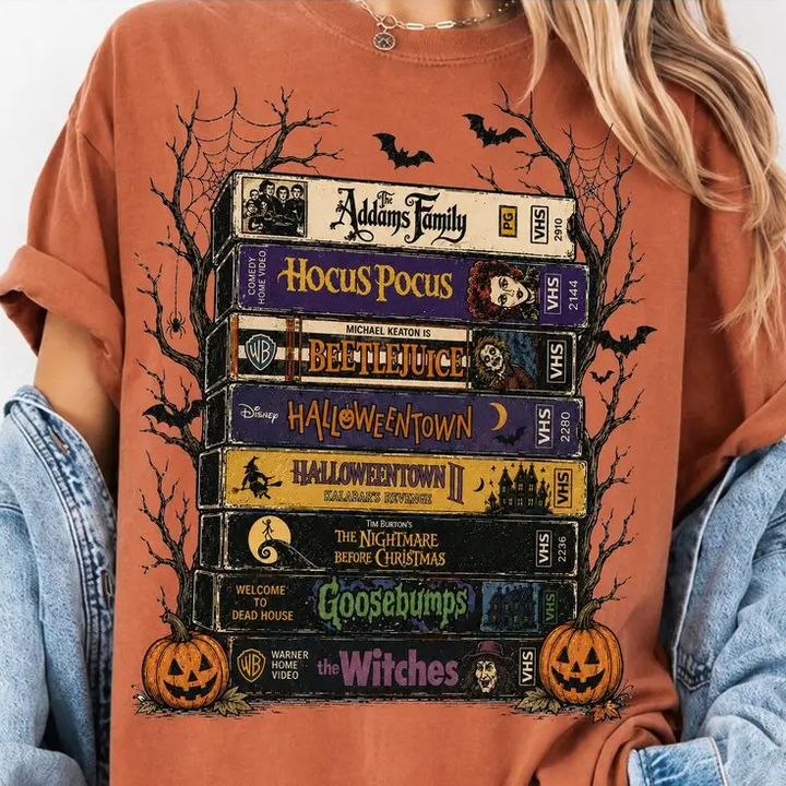 Retro Halloween VHS Movies Stack Graphic Tee