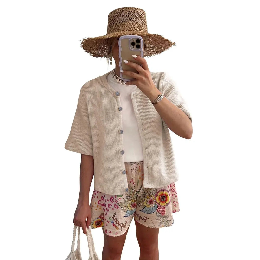 Short-Sleeve Knit Cardigan, Button-Up Relaxed Fit Top