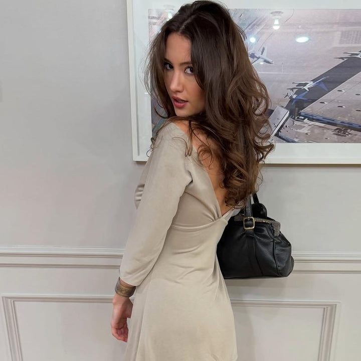 Beige V-Neck 3/4 Sleeve Mini Dress