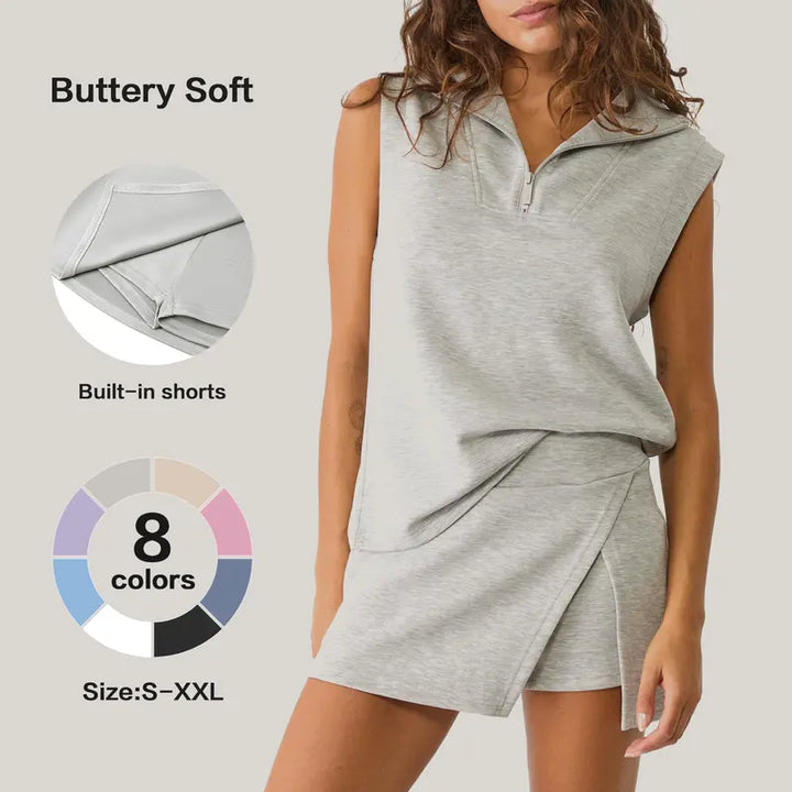 2-Piece Activewear Set, Half-Zip Sleeveless Top &amp; Wrap Skort with Built-In Shorts