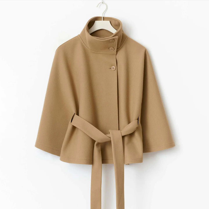 High-Neck Asymmetrical Button Cape Coat with Belt