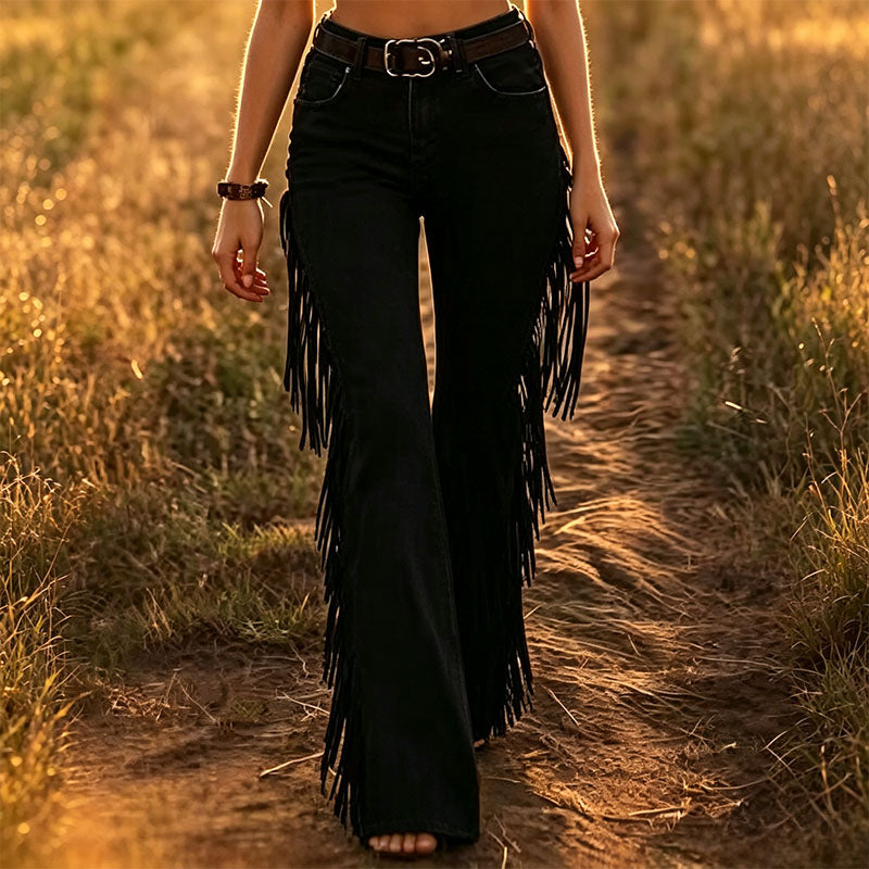 Retro-style flared trousers with fringe detail
