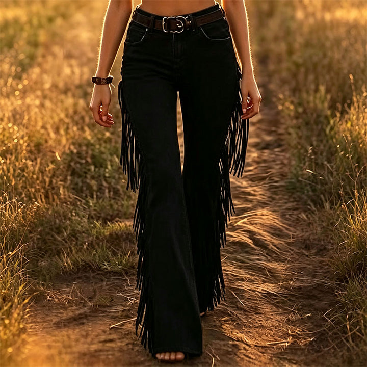 Retro-style flared trousers with fringe detail