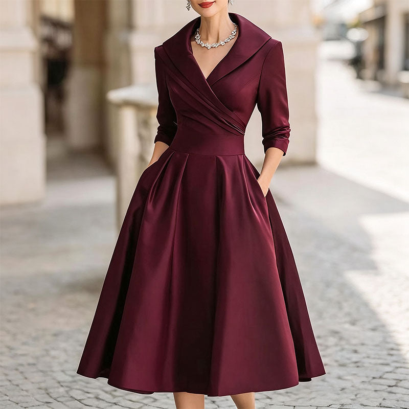Satin Formal Wrap Long Sleeve A Line Midi Dress