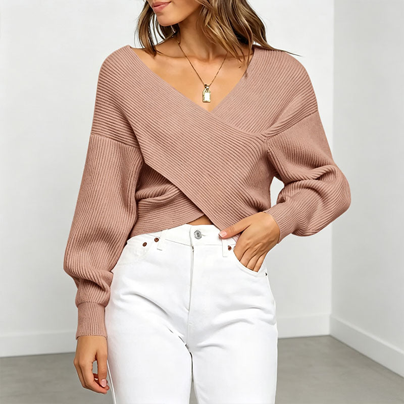 Patchwork V-neck loose long-sleeved knit sweater