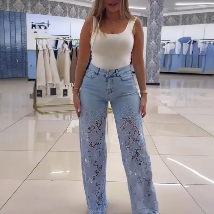 Lace Patchwork Wide-Leg Jeans, High-Waisted Floral Crochet Denim Pants