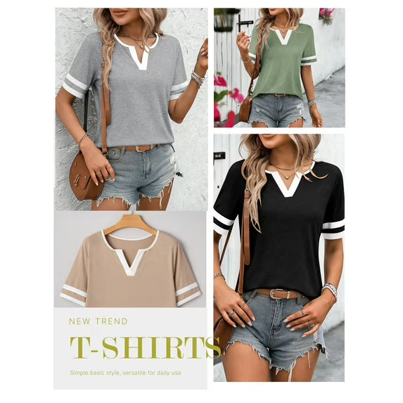 Slub Knit Crew Neck T-Shirt – Heather Grey Contrast Trim Casual Short Sleeve Top