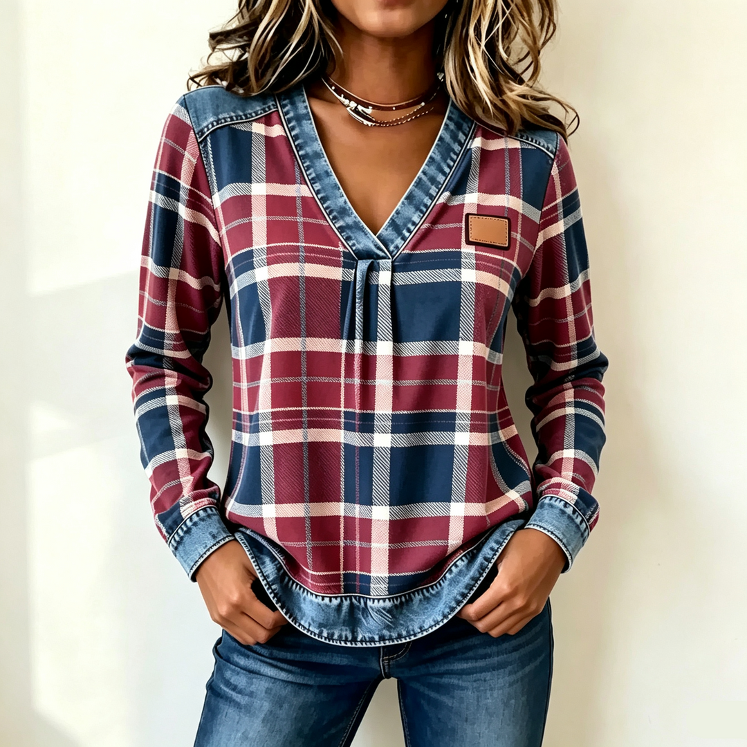 Denim Trim Plaid Print V Neck Top
