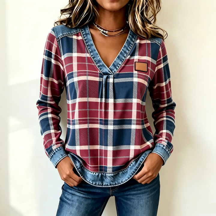 Denim Trim Plaid Print V Neck Top