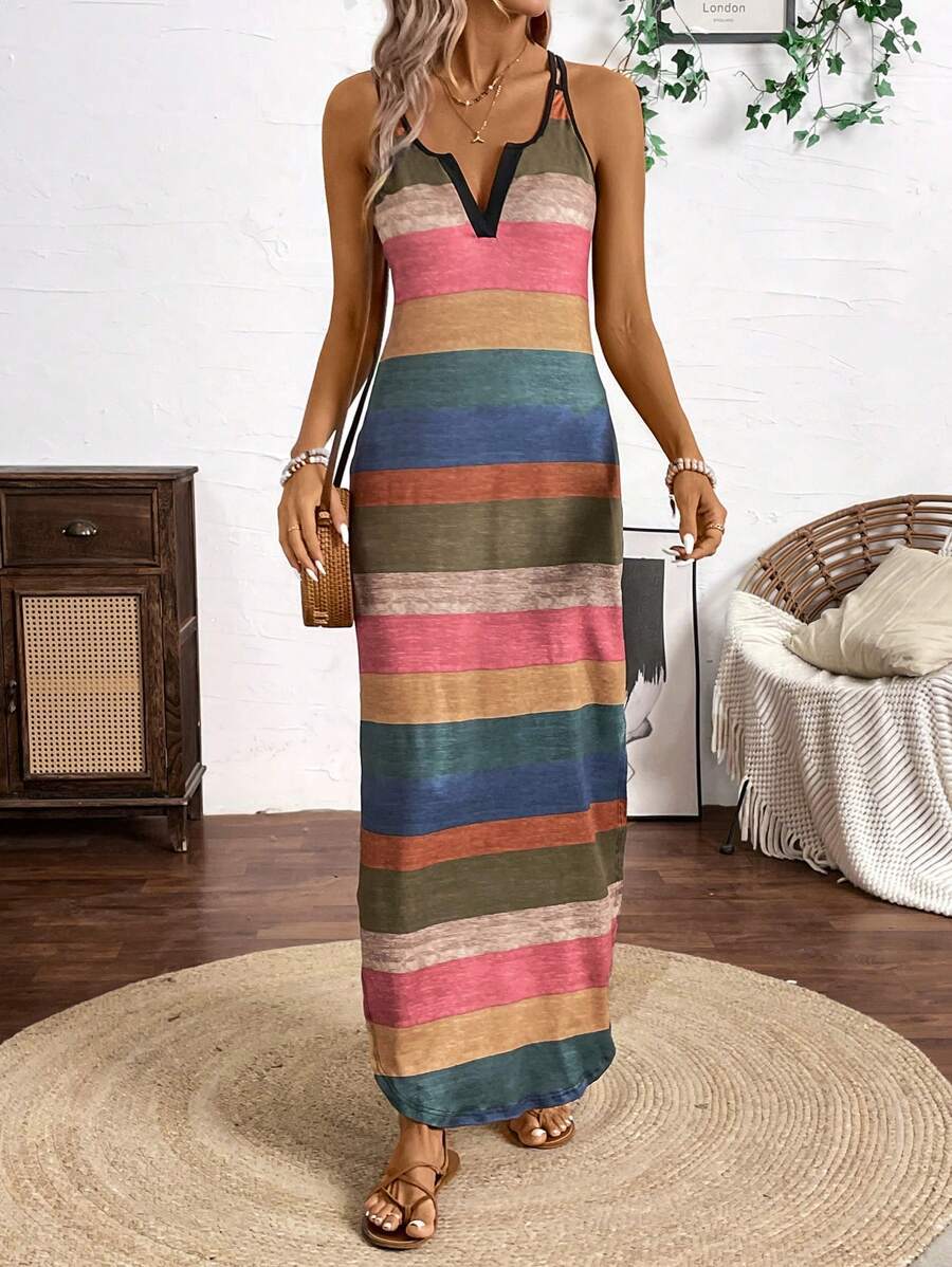 Multicolor Striped V-Neck Sleeveless Maxi Dress