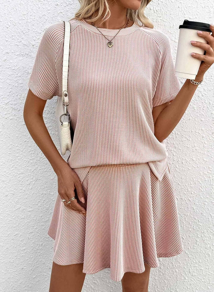 Blush Ribbed 2-Piece Short Sleeve Top &amp;amp; Skirt Set