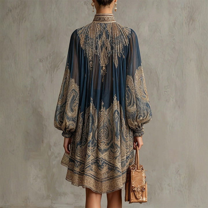 High-neck printed loose chiffon dress