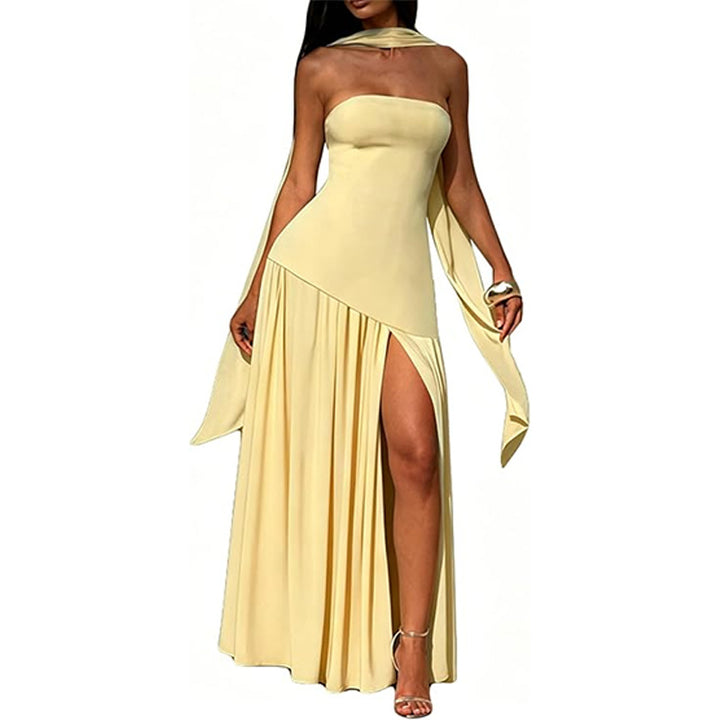 Stylish strapless solid color backless slit dress
