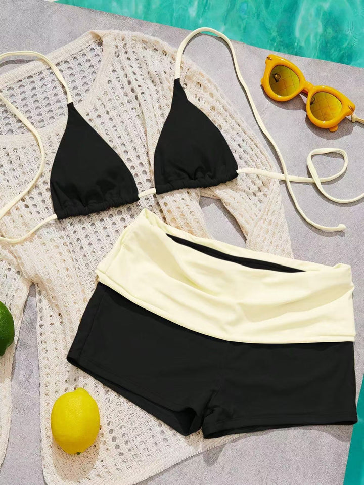 Color-Block Triangle Bikini Set with Boyshort Bottom