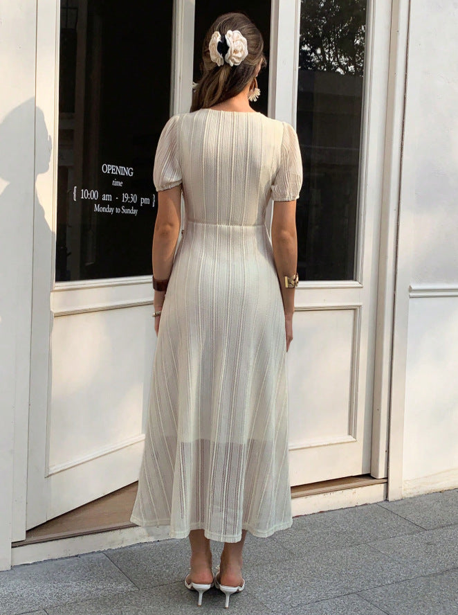 French V-Neck Puff Sleeve Textured Button Down A-Line Midi Dress | Cream Ribbed Romantic Midi