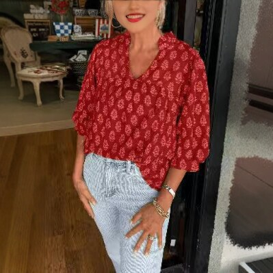 Floral V Neck Puff Sleeve Blouse