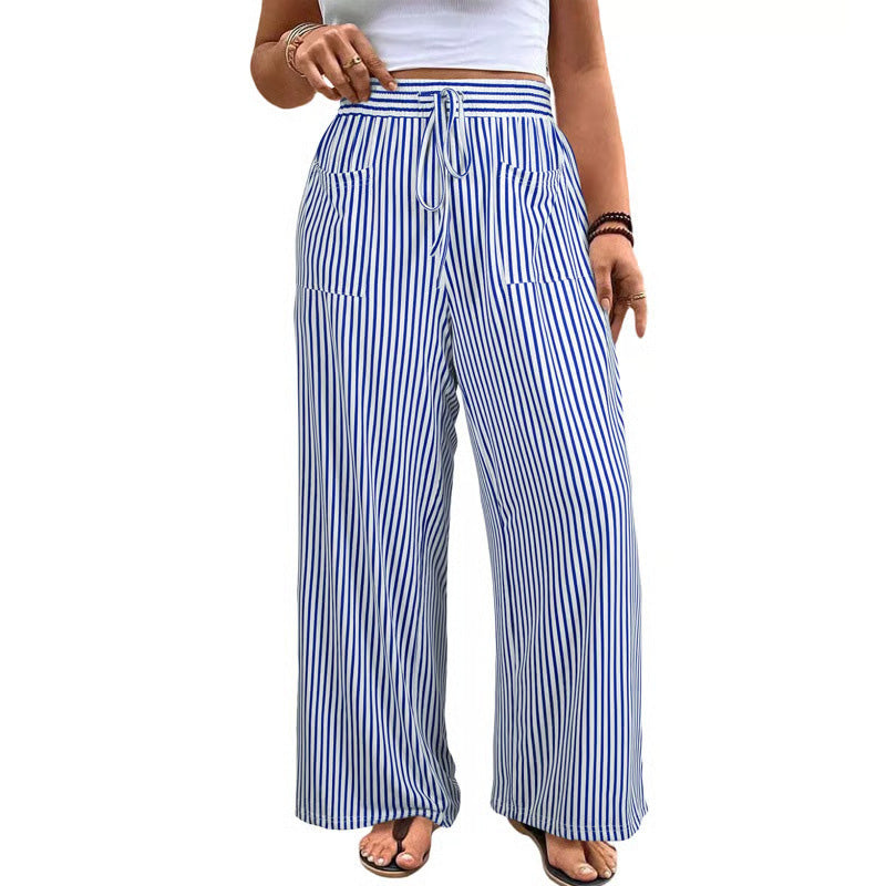Striped Drawstring Wide Leg Pants With Pockets