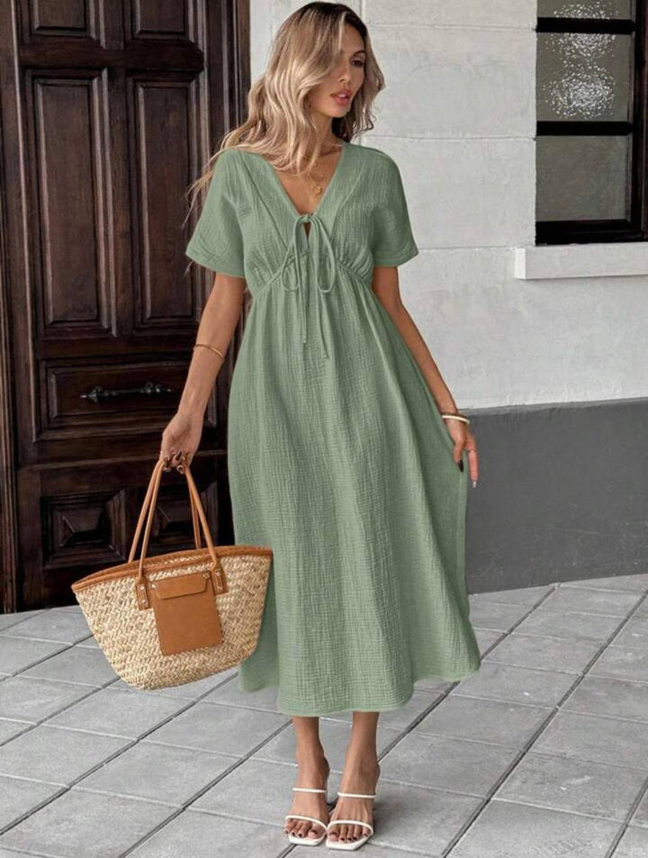 Crinkle Texture Tie Front V Neck Short Sleeve Midi Swing Dress With Pockets