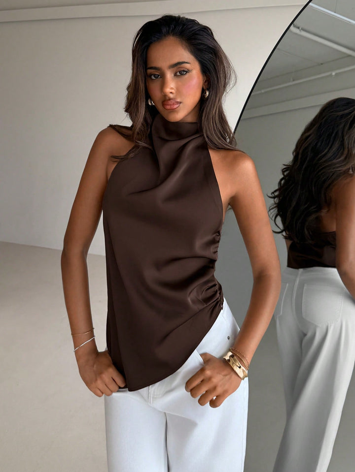 Backless Halter Neck Satin Top | Luxury Open Back Blouse for Women