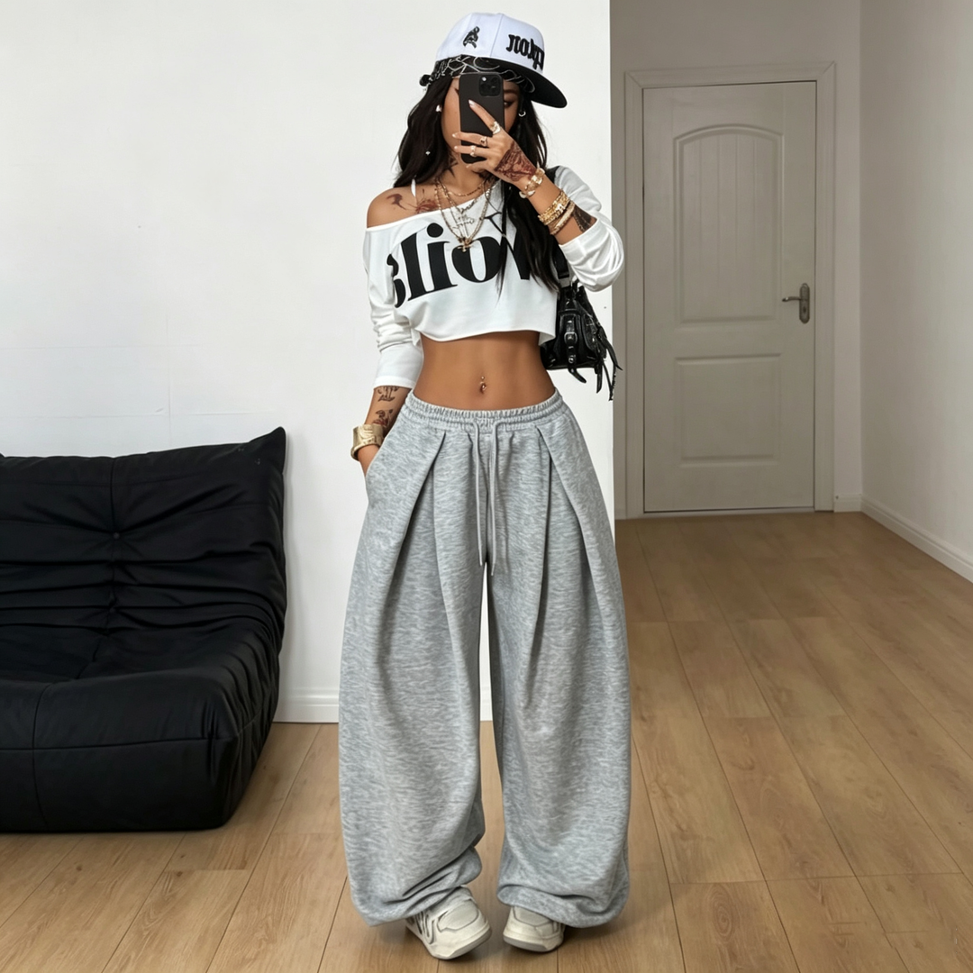 Women Elastic Waist Baggy Wide Leg Pants